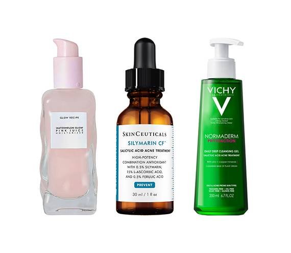 Glow Recipe Watermelon Pink Juice Oil-Free Moisturizer, SkinCeuticals Silymarin CF, Vichy Normaderm PhytoAction Daily Deep Cleansing Gel