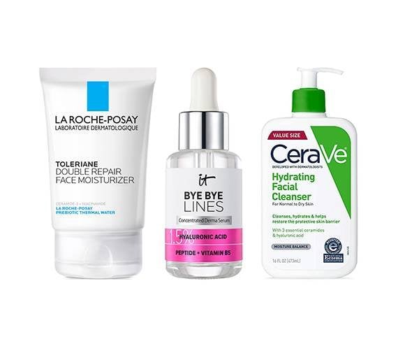 La Roche-Posay Toleriane Double Repair Face Moisturizer, IT Cosmetics Bye Bye Lines Hyaluronic Acid Serum, CeraVe Hydrating Facial Cleanser