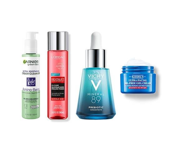 Garnier Green Labs Amino-Berry Soft Skin Soothing Cream Cleanser, L’Oréal Paris Revitalift Derm Intensives 5% Glycolic Acid Toner, Vichy Minéral 89 Prebiotic Recovery & Defense Concentrate, Kiehl’s Ultra Facial Oil-Free Moisturizer