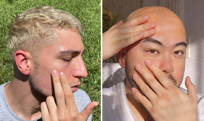 two people applying serum to face
