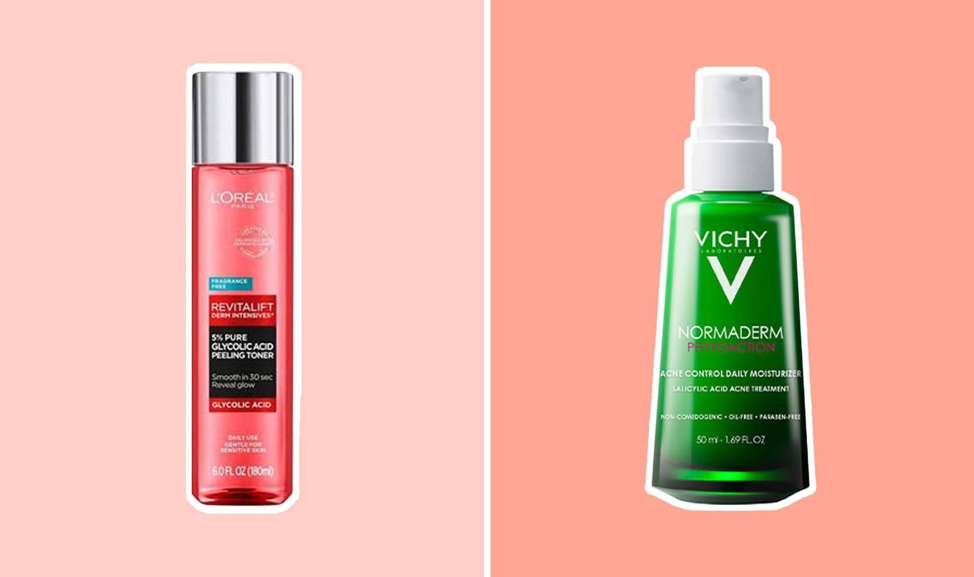 photo of L'Oreal Paris and Vichy skincare products on pink background