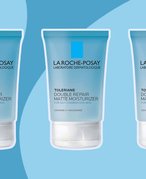 three images of La Roche-Posay Toleriane Double Repair Matte Moisturizer on a blue background