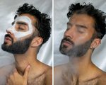 collage of photos of a person with a dark beard wearing skincare face mask and steaming their face