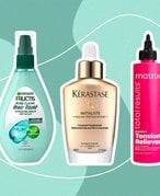 Garnier Fructis Pure Clean Hair Reset Hydrating Serum, Kérastase Initialiste Hair and Scalp Serum and Matrix Total Results Instacure Tension Reliever Scalp Serum on green graphic background