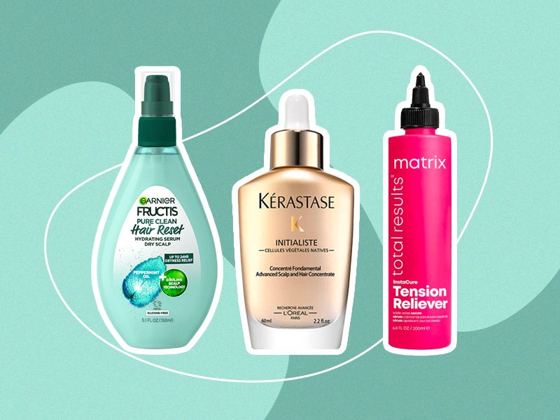 Garnier Fructis Pure Clean Hair Reset Hydrating Serum, Kérastase Initialiste Hair and Scalp Serum and Matrix Total Results Instacure Tension Reliever Scalp Serum on green graphic background 