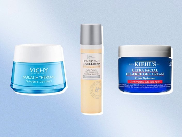 Vichy Aqualia Thermal Water Gel, IT Cosmetics Confidence in a Gel Moisturizer and Kiehl’s Ultra Facial Oil-Free Gel-Cream on blue background