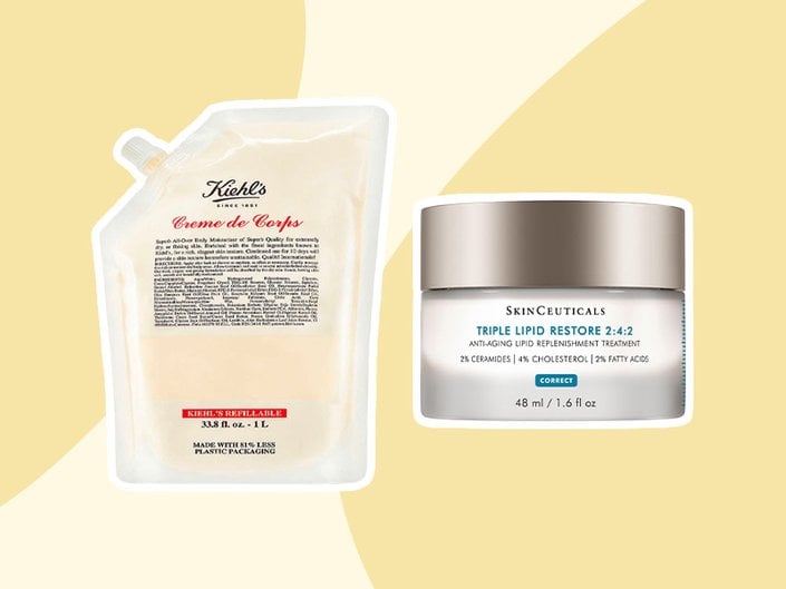 Kiehl’s Creme de Corps Body Lotion with Cocoa Butter and SkinCeuticals Triple Lipid Restore 2:4:2 on yellow graphic background