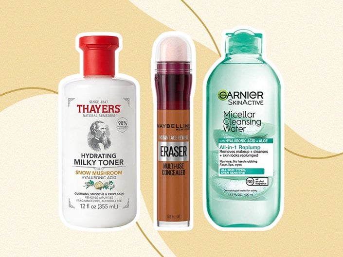 Thayers Natural Remedies Milky Hydrating Face Toner with Snow Mushroom and Hyaluronic Acid, Maybelline New York Instant Age Rewind Multi-Use Dark Circles Concealer and Garnier Skinactive Micellar Cleansing Water with Hyaluronic Acid + Aloe on yellow graphic background
