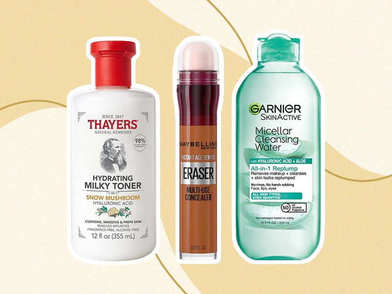 Thayers Natural Remedies Milky Hydrating Face Toner with Snow Mushroom and Hyaluronic Acid, Maybelline New York Instant Age Rewind Multi-Use Dark Circles Concealer and Garnier Skinactive Micellar Cleansing Water with Hyaluronic Acid + Aloe on yellow graphic background 