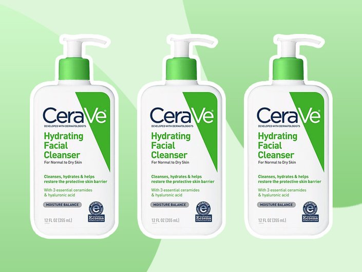 Cerave Hydrating Cleanser on green graphic background 