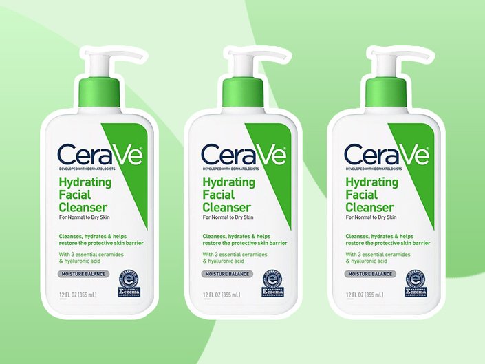 Cerave Hydrating Cleanser on green graphic background