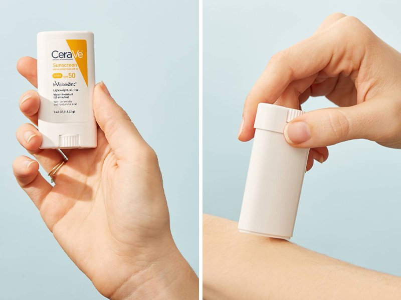 Image of person holding CeraVe Mineral Sunscreen Stick and image of person applying the sunscreen to their arm