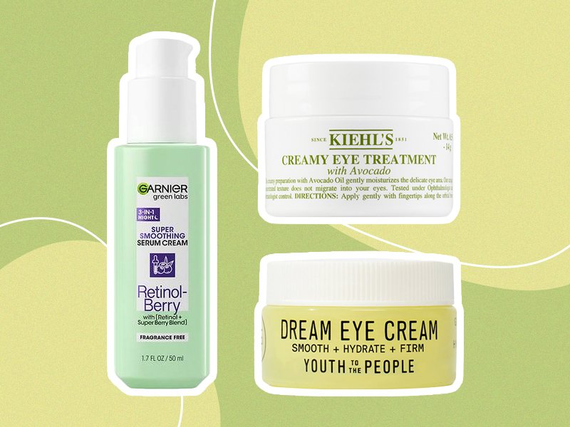 Garnier Green Labs Retinol-Berry Super Smoothing Night Serum Cream, Kiehl’s Creamy Eye Treatment with Avocado and Youth to the People Superberry Dream Eye Cream on green graphic background 