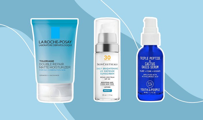 skincare products on blue background