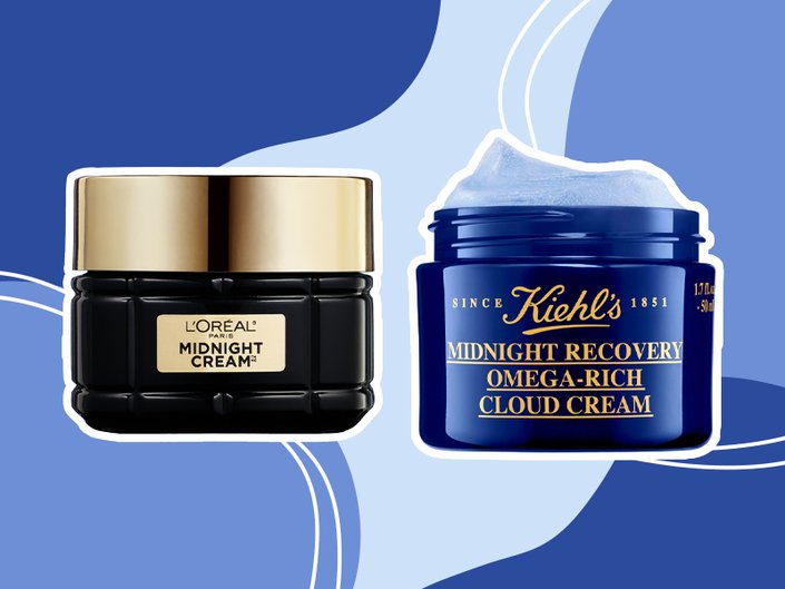 L'Oréal Paris Age Perfect Skin Care Cell Renewal Midnight Cream and Kiehl’s Midnight Recovery Omega Rich Botanical Night Cream on blue graphic background