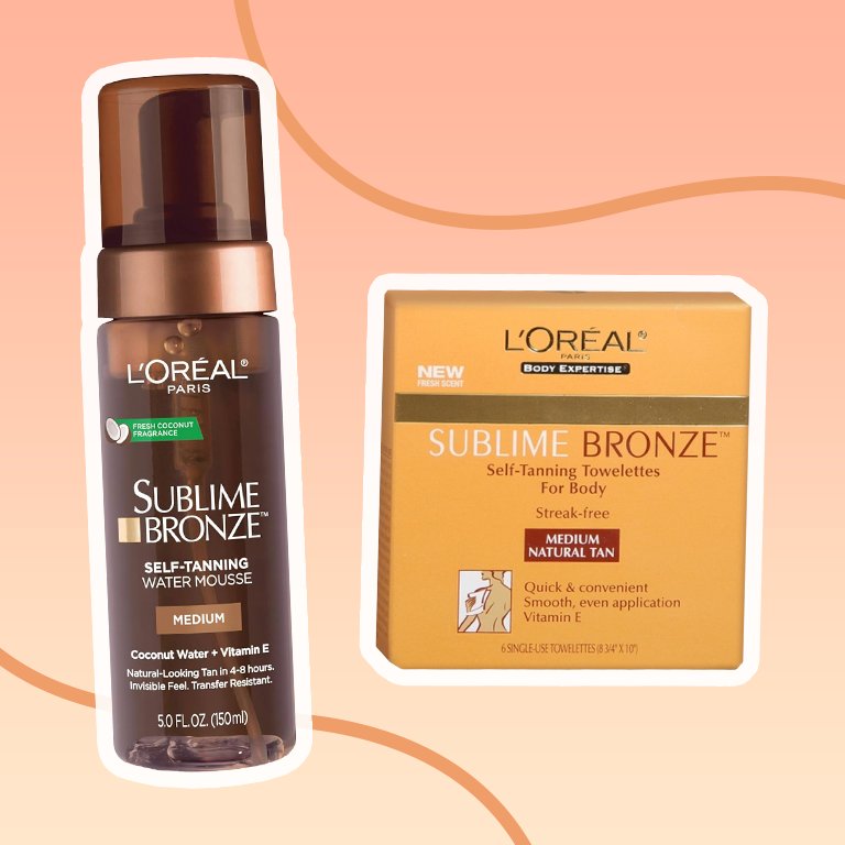 L’Oreal Paris Sublime Bronze and L'Oreal Paris Sublime Bronze ProPerfect Salon Airbrush Self-Tanning Mist products collaged on light orange background