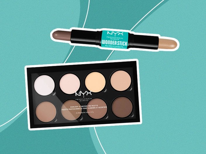 NYX Professional Makeup Highlight & Contour Pro Palette and NYX Professional Makeup Wonder Stick Contour and Highlighter Stick in Fair on teal background