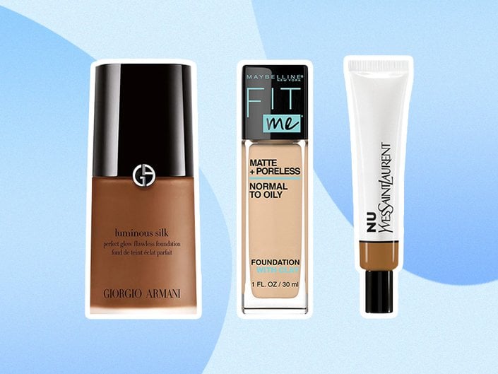 Giorgio Armani Beauty Luminous Silk Foundation, Maybelline New York Matte + Poreless FitMe Foundation, and YSL Beauty NU Skin Tint on a blue background.