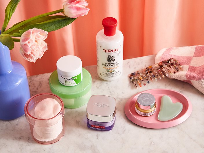 skin care products on counter