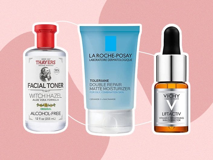 bottles of skincare products on pink graphic background
