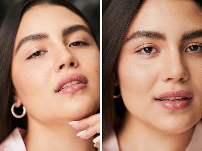 two close-up images of a person with dark hair