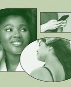A collage of green-filtered photos on a green background. A model pulling back their hair and another model touching their ear.