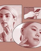 A collage of three images: One person applying applying a spot treatment, a person holding a cell phone and a person touching their jawline