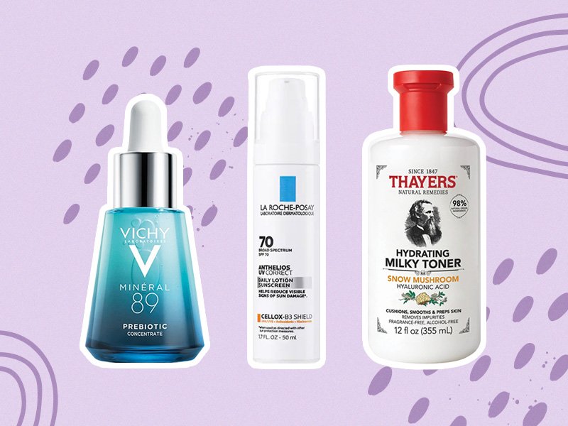 Image of the Vichy Minéral 89 Prebiotic, La Roche Posay Anthelios UV Correct Face Sunscreen SPF 70 with Niacinamide and Thayers Milky Hydrating Face Toner with Snow Mushroom and Hyaluronic Acid on a purple background 