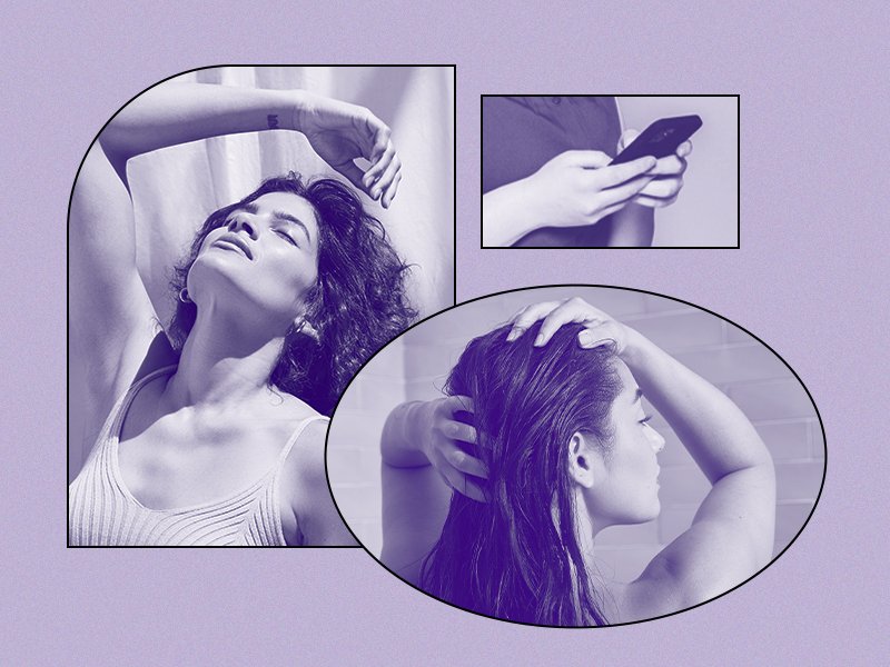 side by side images of person posing with head tilted upward and person massaging hair