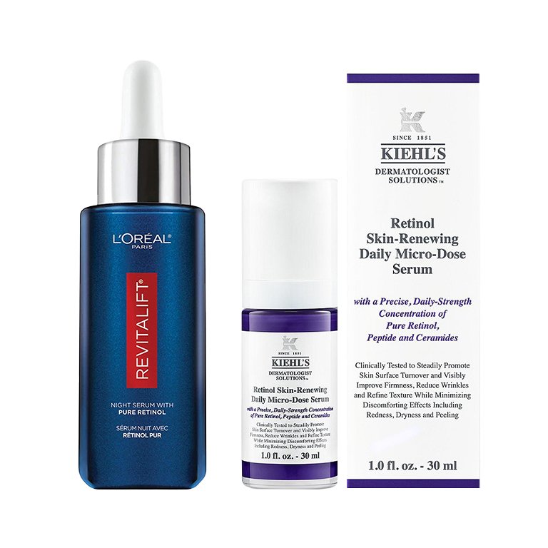 Image of L’Oréal Paris Revitalift Derm Intensives Night Serum with 0.3% Pure Retinol and Kiehl’s Micro-Dose Anti-Aging Retinol Serum with Ceramides and Peptide