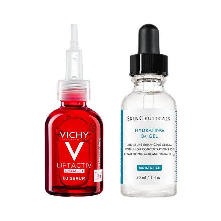 Image of the Vichy LiftActiv B3 Serum Dark Spots & Wrinkles and the Skinceuticals Hydrating B5 Gel