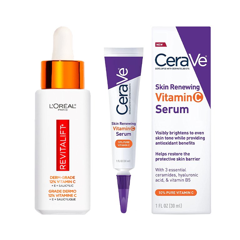 Image of the L’Oréal Paris Revitalift Derm Intensives 12% Pure Vitamin C Serum and the CeraVe Skin Renewing Vitamin C Serum