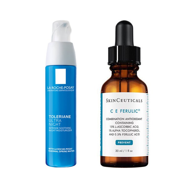 Image of the La-Roche Posay Toleriane Ultra Night Moisturizer and the Skinceuticals C E Ferulic