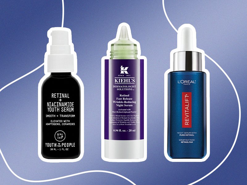 Image of the Youth to the People Retinal + Niacinamide Youth Serum, Kiehl’s Fast-Release Wrinkle-Reducing 0.3% Retinol Night Serum and the L'Oréal Paris Revitalift Night Serum, 0.3% Pure Retinol on a blue graphic background 