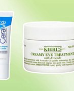 The CeraVe Eye Repair Cream and the Kiehl’s Creamy Eye Treatment with Avocado on a green background.