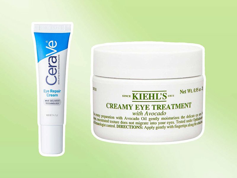 The CeraVe Eye Repair Cream and the Kiehl’s Creamy Eye Treatment with Avocado on a green background.