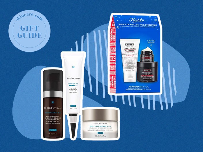 Collage of SkinCeuticals Nighttime Regimen Set and Kiehl’s Men’s Ultimate Anti Aging Holiday Gift Set on a blue background