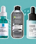 two serum bottles and a micellar water bottle collaged onto a teal blue background