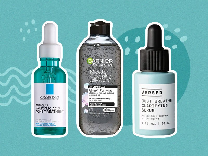 two serum bottles and a micellar water bottle collaged onto a teal blue background