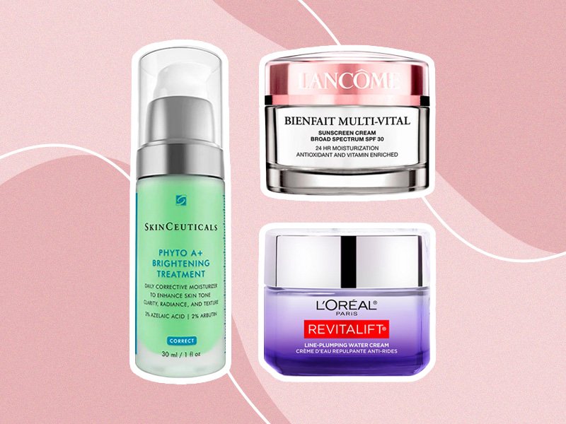 A SkinCeuticals, La Roche-Posay, and Lancôme moisturizer are shown against a pink background
