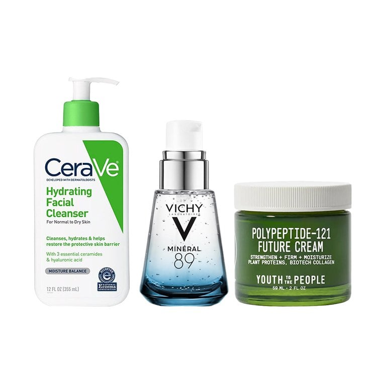 CeraVe Hydrating Cleanser, Vichy Minéral 89 Hyaluronic Acid Face Serum and Youth to the People Polypeptide-121 Future Cream