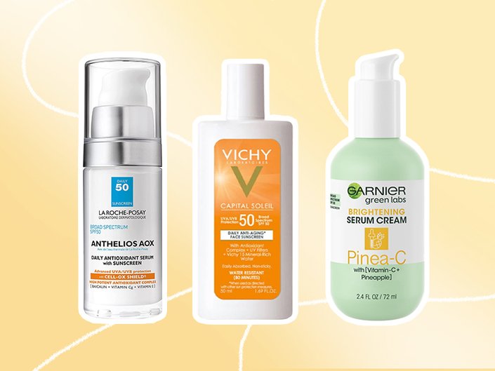Image of three sunscreens on a yellow graphic background