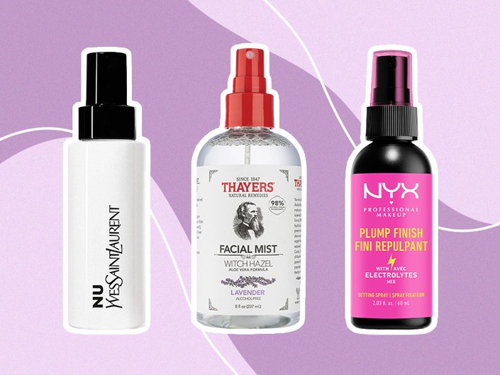 Photo of facial mist products on purple background