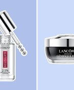 photo of L'Oréal Paris Hyaluronic Acid Eye Serum and Lancôme Advanced Génifique Eye Cream on blue backgrounds