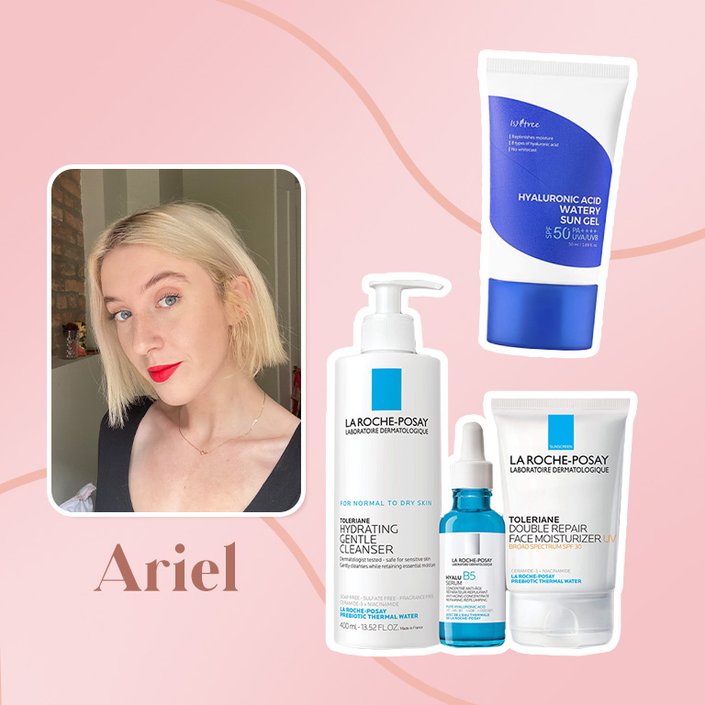 person collaged on a pink background with la roche posay products