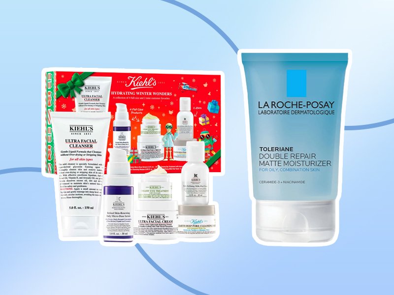 winter skincare set and moisturizer collaged onto a blue background