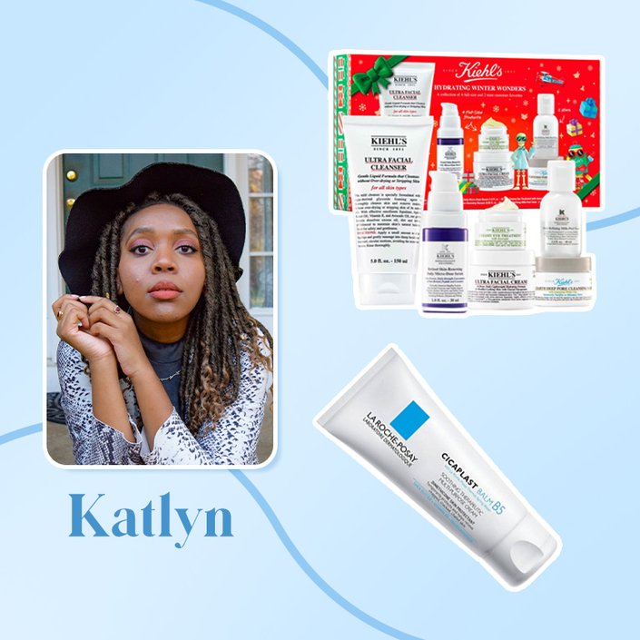 person collaged onto a blue background with la roche posay moisturizer and kiehls set