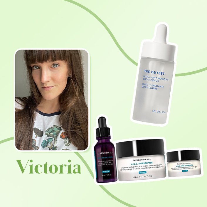 person collaged with skinceuticals set and the outset serum 