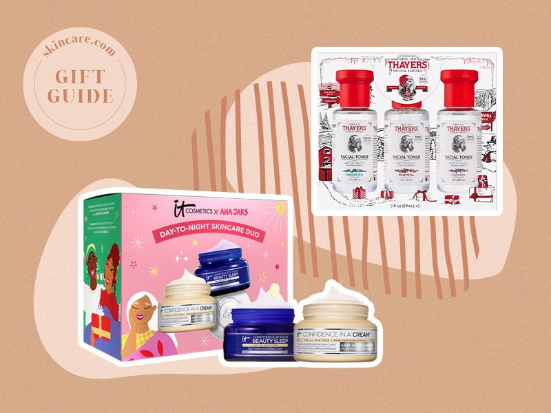 Skincare gift sets, including Thayers and IT Cosmetics, on a beige background.
