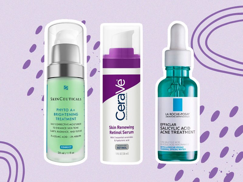 Image of the SkinCeuticals Phyto A+ Brightening Treatment, CeraVe Skin Renewing Retinol Serum and the La Roche-Posay Effaclar Salicylic Acid Acne Treatment Serum on a graphic purple background